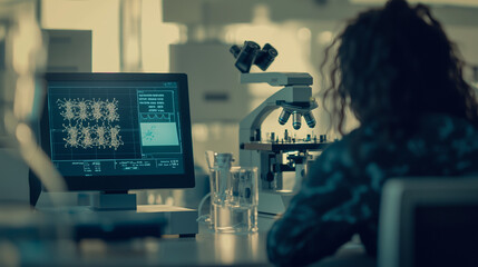 Scientist Analyzing Molecular Structures on Computer Screen in Lab
