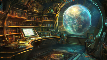 Fototapeta premium Futuristic Spaceship Interior with Planet View