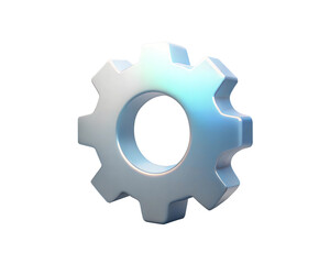 A modern and sleek 3D holographic gear icon, isolated on white background, symbolizing mechanics, technology, and innovation with a clean and futuristic design.