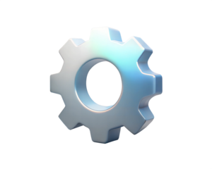 A modern and sleek 3D holographic gear icon, isolated on white background, symbolizing mechanics, technology, and innovation with a clean and futuristic design.