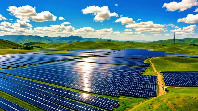 Expansive solar panel field under a bright blue sky with fluffy clouds and rolling green hills