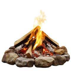 Flickering Campfire Flame with Rocks and Logs Isolated on Transparent Background