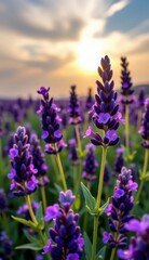 Obraz premium A serene twilight landscape unfolds, featuring a field of blooming lavender, its delicate purple flowers reaching towards a soft, pastel-colored sky.