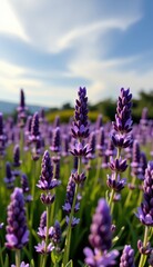 Obraz premium A serene twilight landscape unfolds, featuring a field of blooming lavender, its delicate purple flowers reaching towards a soft, pastel-colored sky.