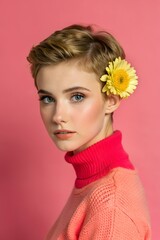 Close-Up of Woman With Yellow Flower in Short Hair Against Pink Background. Generative AI