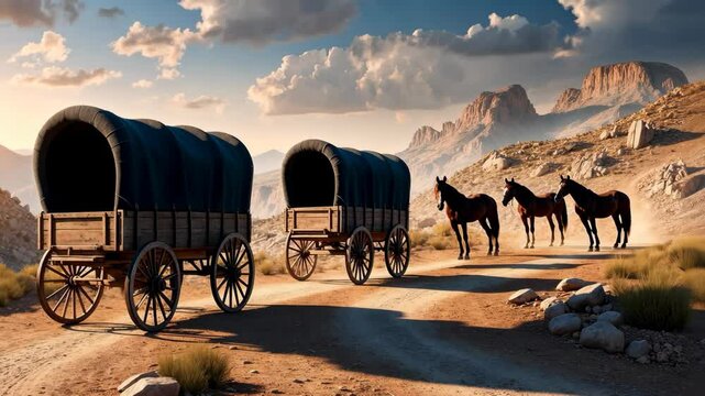 Stunning Western Scenery, Covered Wagons and Majestic Horses Journeying Through the Rugged Landscape at Sunrise or Sunset