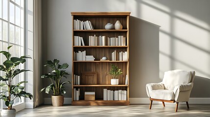 A tall wooden bookcase with white books and various decorative items stands against the light gray wall of an empty living room, while a soft armchair sits next to it. 