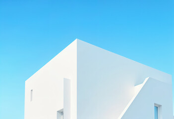 Modern white building facade seen from a low angle against a bright blue sky with fluffy clouds...