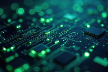 Obraz premium Intricate Circuit Board Glowing with Emerald Illumination, Highlighting Technological Advancement in Modern Electronics