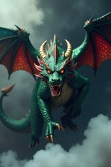 Fototapeta premium A fearsome green dragon with fiery orange wings soars through ominous clouds, its sharp claws extended, teeth bared in a menacing snarl, a majestic creature of myth and legend