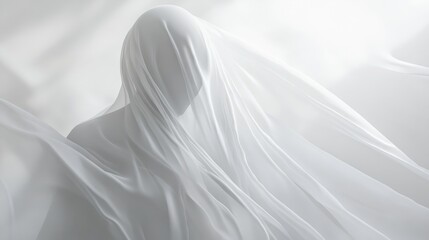 Ethereal figure draped in flowing white fabric, surreal and mysterious atmosphere. Mystery and art concept