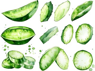 Aloe vera slices, watercolor, health, beauty, background
