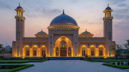 Fototapeta premium Golden Mosque at Dusk Architectural Detail and Warm Lighting