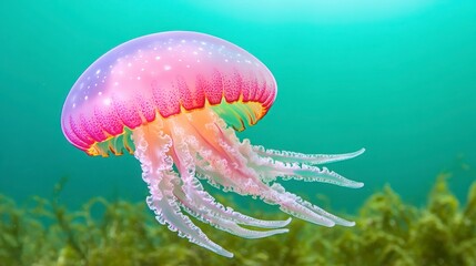 Fototapeta premium Vibrant Pink Jellyfish Swimming Gracefully in Ocean Waters