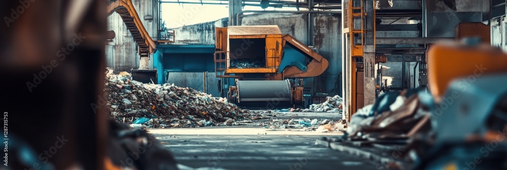 Aufkleber Recycling plant showcasing conveyor belts and sorted waste in an industrial setting with space for additional text. Generative AI