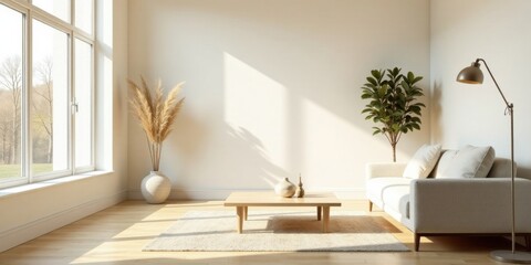 Fototapeta premium Serene Living Room with Sunlight Streaming Through Large Window and Minimalist Decor