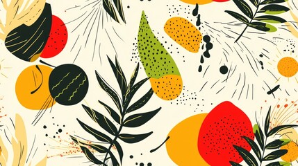 Colorful floral pattern featuring an array of flowers and leaves, ideal for spring and summer themes in textiles, wallpapers, and decorative items