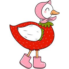 Little goose in strawberry dress and boots clipart, Funny spring and summer white geese illustration design © Kisby 