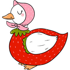Little goose in strawberry dress and headcarft clipart, Funny spring and summer white geese illustration design © Kisby 