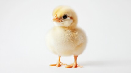 Obraz premium Yellow fluffy chick on white background looking curious and standing alone. Adorable baby animal portrait, innocence and new beginnings concept.
