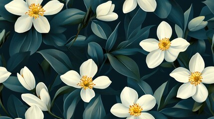 This seamless spring pattern showcases delicate white flowers interspersed with lush green leaves, perfect for textiles, wallpaper, and decor projects