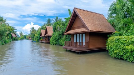 Obraz premium Serene waterway with traditional wooden houses surrounded by lush green foliage under a bright blue sky