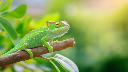 Fototapeta premium Vibrant Green Chameleon Sitting on Branch Among Lush Foliage