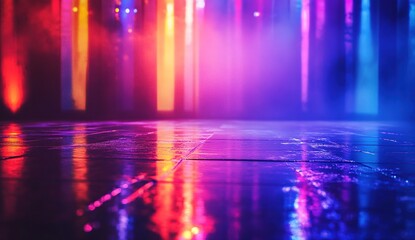 Vibrant Neon Lights Reflecting on Wet Floor, Creating a Dynamic Night Scene with Colorful Illumination and Glowing Ambiance