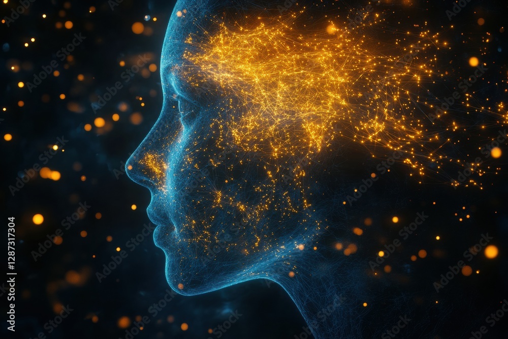 Poster Profile view of a head filled with glowing synapses, symbolizing artificial intelligence and cybernetic connections. Generative AI