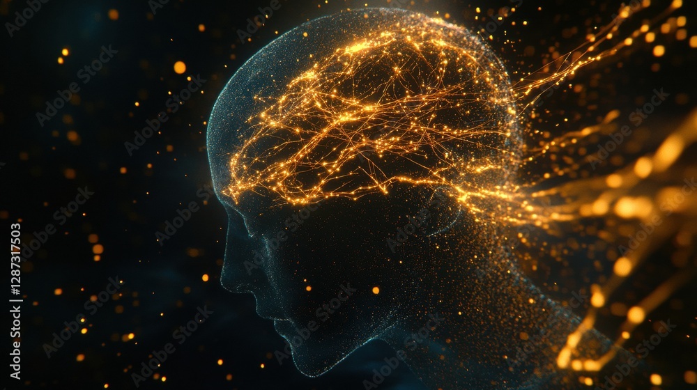 Poster Profile of a human head with glowing synapses illustrating the intersection of neural connections and artificial intelligence. Generative AI