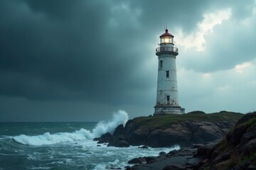 A solitary beacon of hope shines brightly amidst a raging tempestuous ocean, its unwavering light piercing through the dark, stormy clouds.