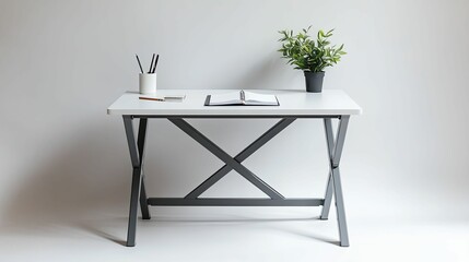 Minimalist White Desk With Plant And Stationery