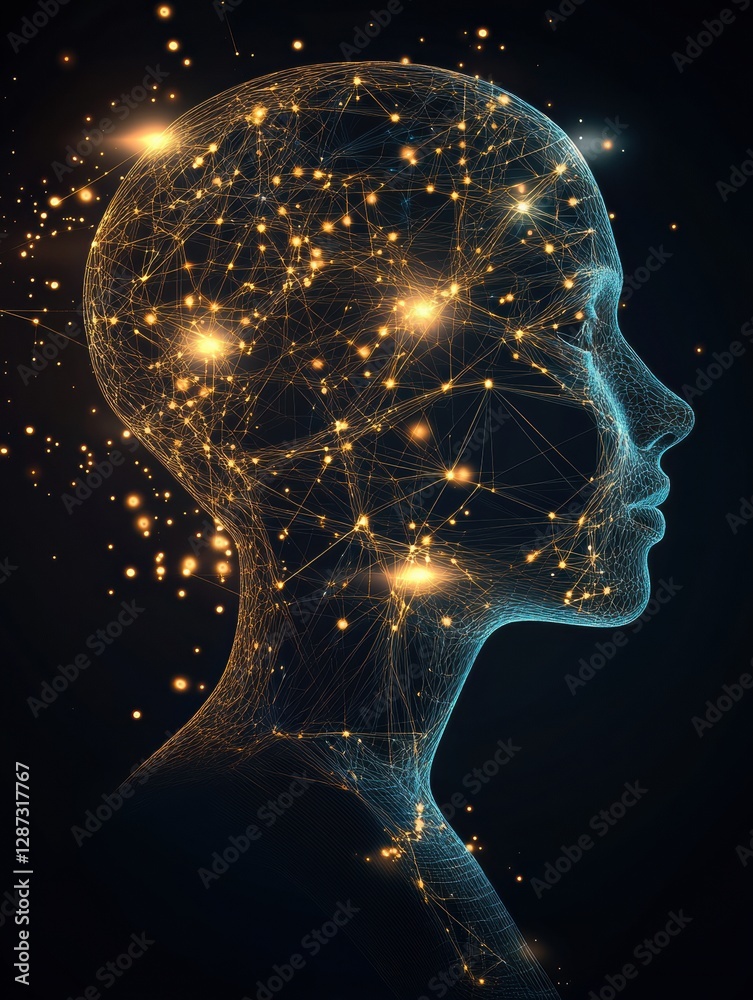 Poster Profile view of a human head displaying intricate neural connections and glowing synapses illustrating artificial intelligence concepts. Generative AI