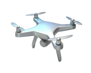 A sleek holographic 3D icon of a drone with four propellers, isolated on white background, symbolizing modern technology, aerial innovation, and digital flying systems in a futuristic design