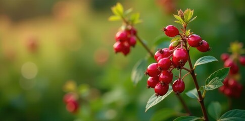 Mature wild cranberry plant in full bloom with flowers and leaves,, meadow, botanical