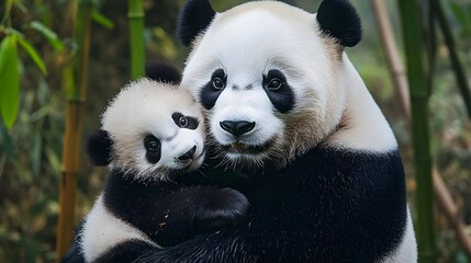 Fototapeta premium Adorable giant panda mother holding her playful cub in a lush green bamboo forest setting
