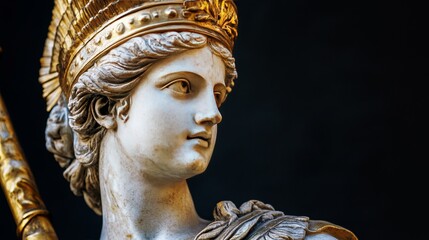 Athena Statue Close-Up. Goddess Of Wisdom, Handicraft, And Warfare. Classical Sculpture On Black Backdrop.