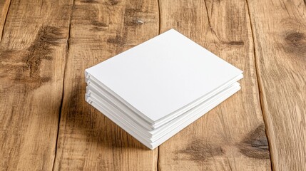 Fototapeta premium Stack of blank white paper on rustic wooden surface creating a minimalist aesthetic for creative projects and inspiration