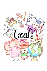 Naklejka premium Student Goals and Education Inspiration: Colorful Doodle Illustration Celebrating Success and Personal Growth