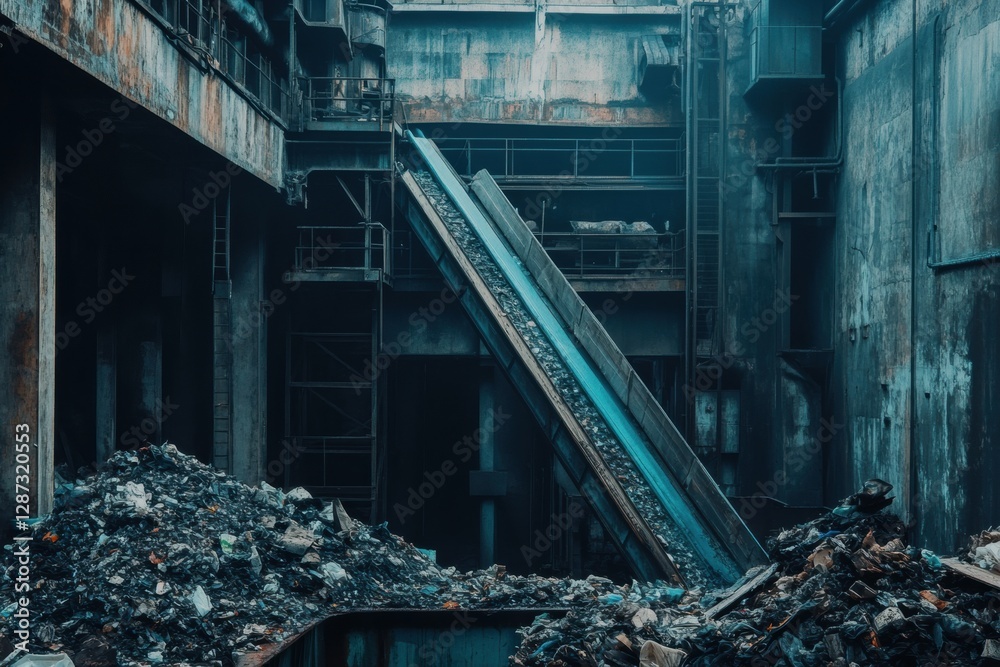 Poster industrial recycling plant with conveyor belts and sorted waste in a large open space filled with di