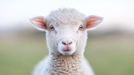 Fototapeta premium Lamb portrait, pasture, spring, countryside, farm animal, nature, peaceful, card