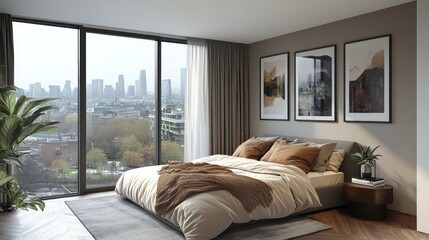 Fototapeta premium Modern bedroom showcases city view through large expansive window