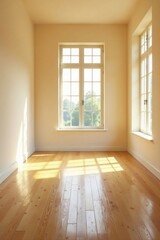 Obraz premium Sunlight Illuminates an Empty Room with Hardwood Floors and Large Windows Featuring a Tranquil View