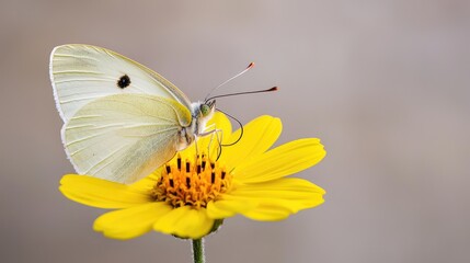 Pale butterfly on yellow flower, soft background