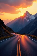 Fototapeta premium Serene Sunset Journey Winding Asphalt Road Through Majestic Mountains at Golden Hour