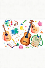 Naklejka premium Children's Arts and Crafts Exploration with Colorful Acoustic Guitar and Watercolor Art Supplies - Vibrant Imagination and Creative Learning Activities for Kids