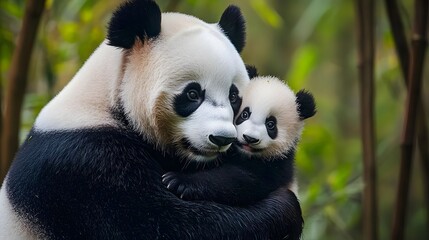 Obraz premium A mother panda lovingly embraces her baby in a lush bamboo forest, showcasing their bond and habitat