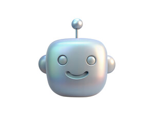 Obraz premium A cute, futuristic holographic 3D chatbot icon with a smiling face, isolated on white background. Ideal for digital communication, artificial intelligence, and customer service applications.