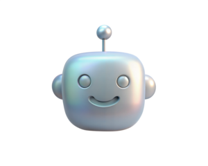 A cute, futuristic holographic 3D chatbot icon with a smiling face, isolated on white background. Ideal for digital communication, artificial intelligence, and customer service applications.