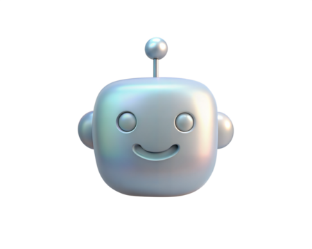 A cute, futuristic holographic 3D chatbot icon with a smiling face, isolated on white background. Ideal for digital communication, artificial intelligence, and customer service applications.